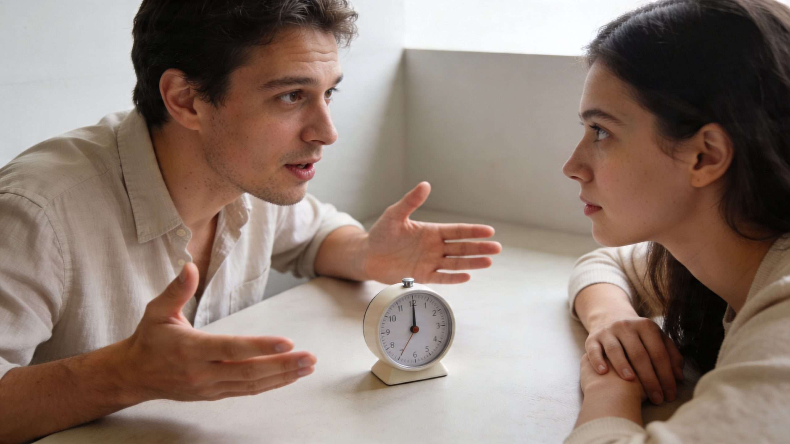 A young couple sits at a table having a serious conversation while looking at a small alarm clock.
