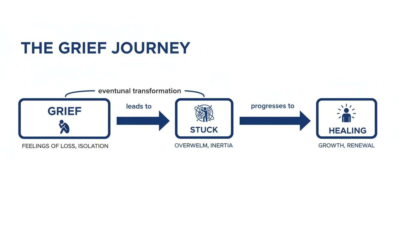 A diagram illustrating the grief journey from feelings of loss and isolation to healing and renewal.