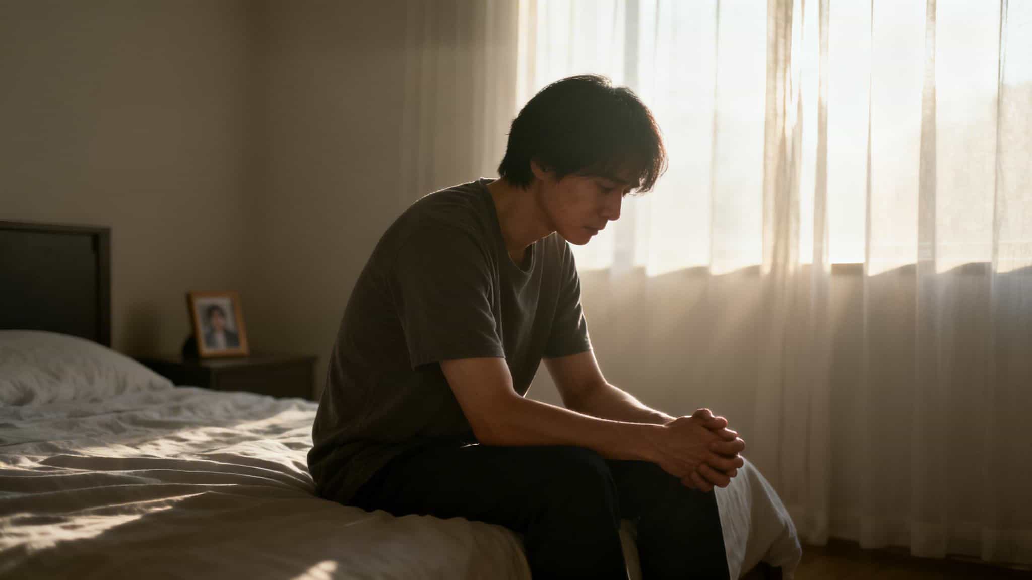 A man sits on his bed, looking down in contemplation, with soft sunlight from the window.