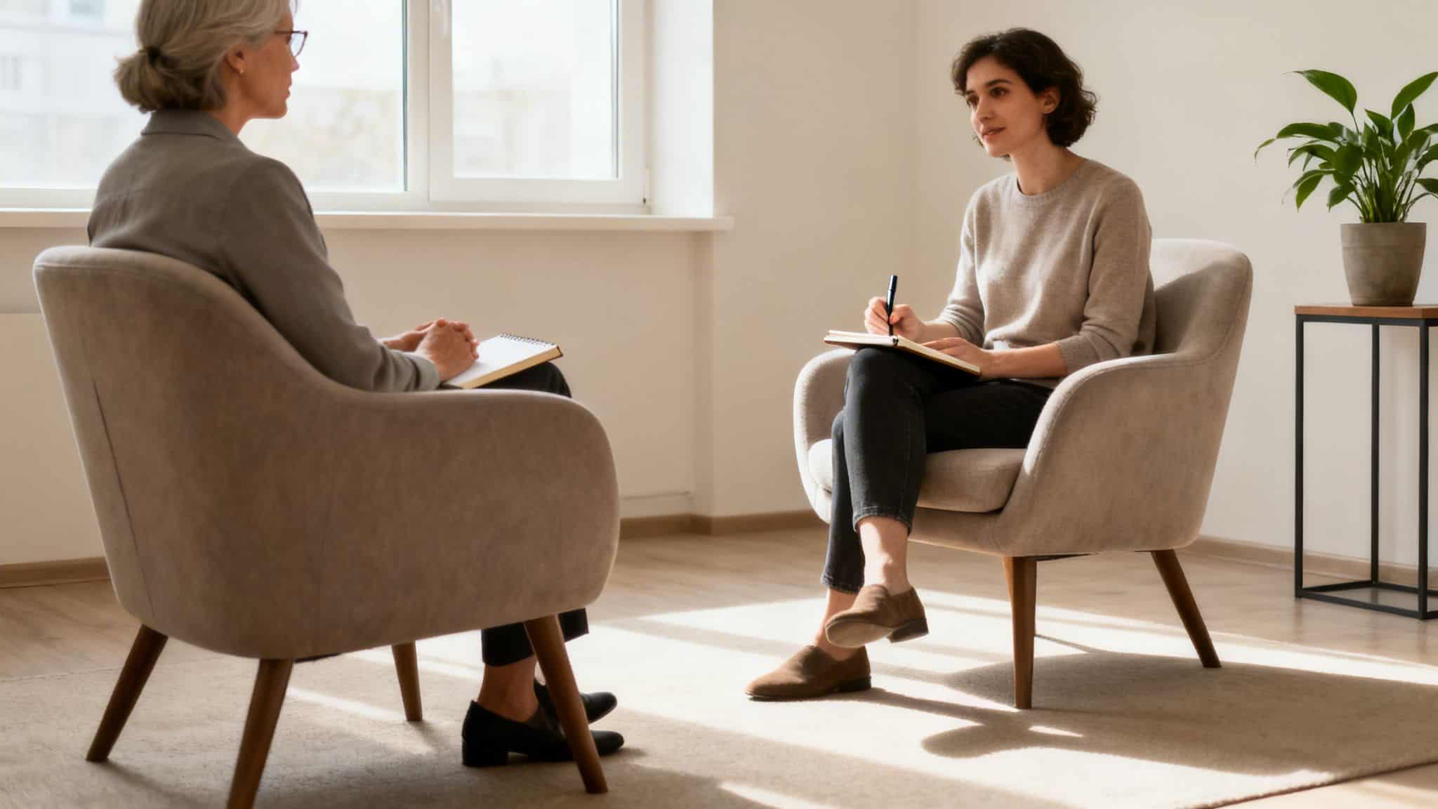 Two women in a bright room, one taking notes, the other listening intently during a therapy session.