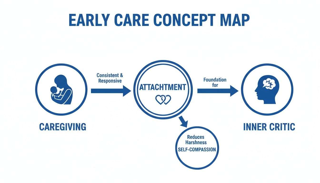 Concept map illustrating how early caregiving leads to attachment, influencing inner critic and self-compassion.