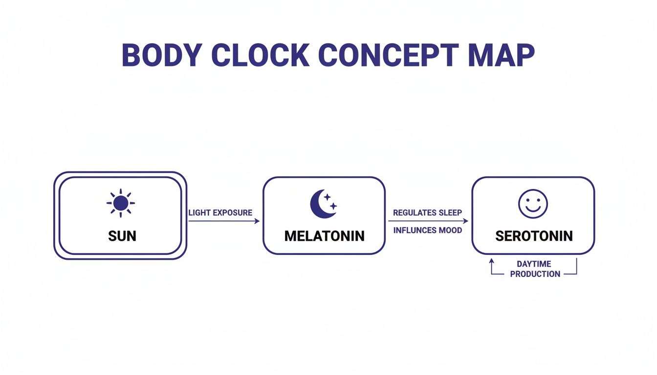 Concept map illustrating how light exposure impacts melatonin production, regulating sleep and influencing serotonin.