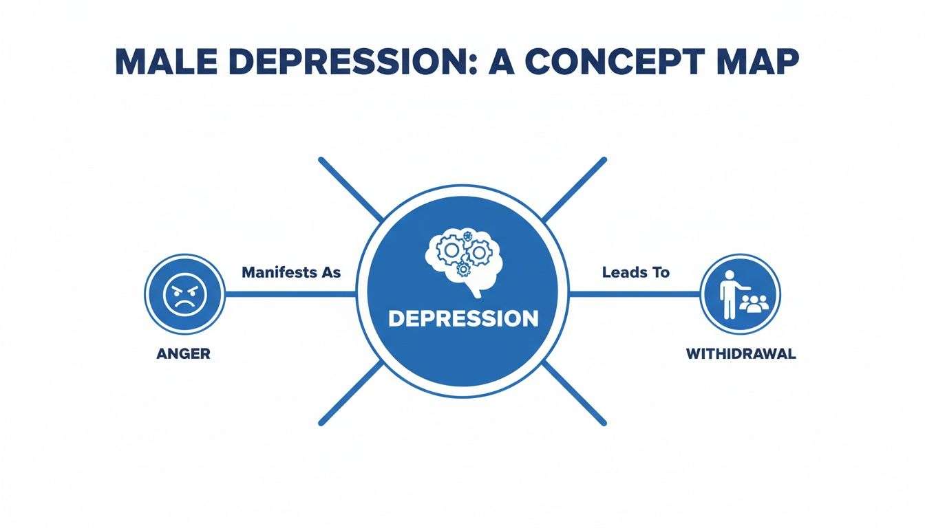 Concept map illustrating male depression, showing it manifests as anger and leads to social withdrawal.