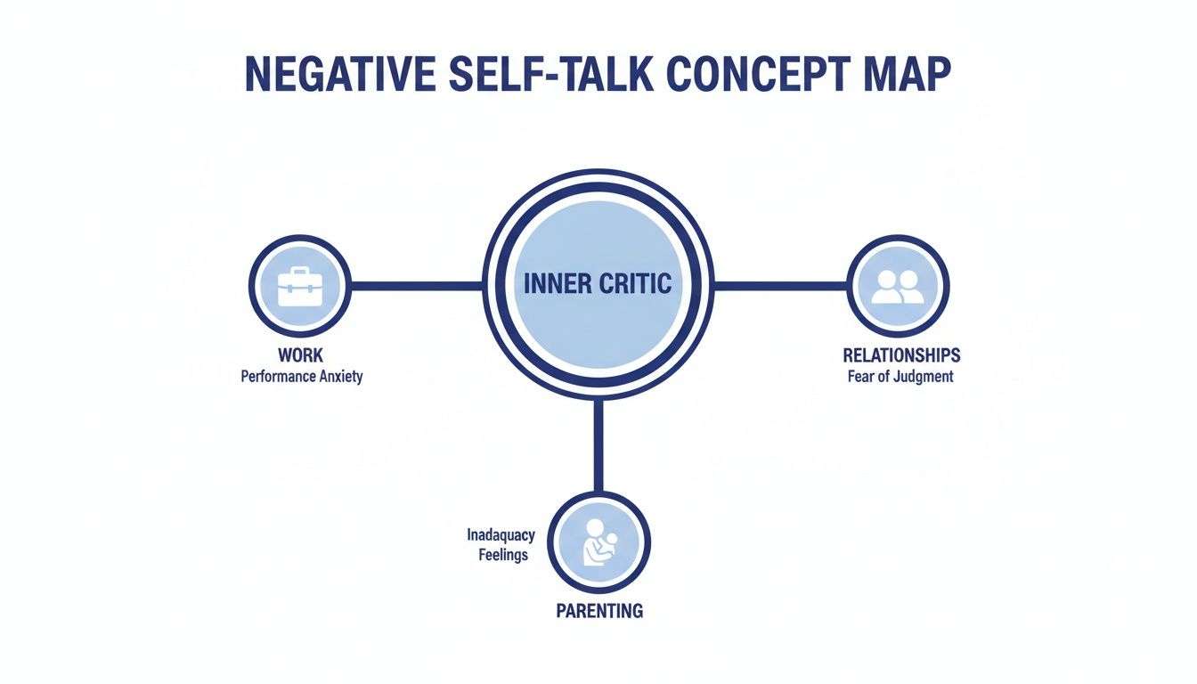 Concept map illustrating negative self-talk's impact on work, relationships, and parenting, linked to the inner critic.