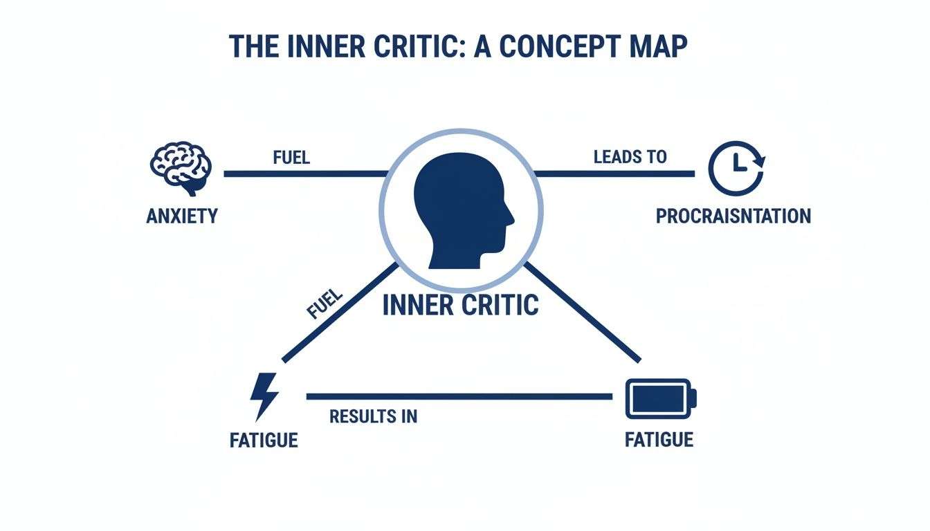 Concept map illustrating the inner critic, fueled by anxiety and fatigue, leading to procrastination and fatigue.