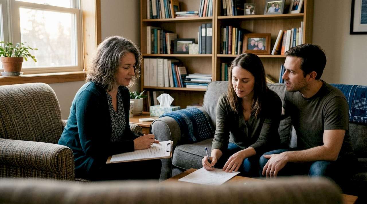 Counsellor guiding couple through worksheet