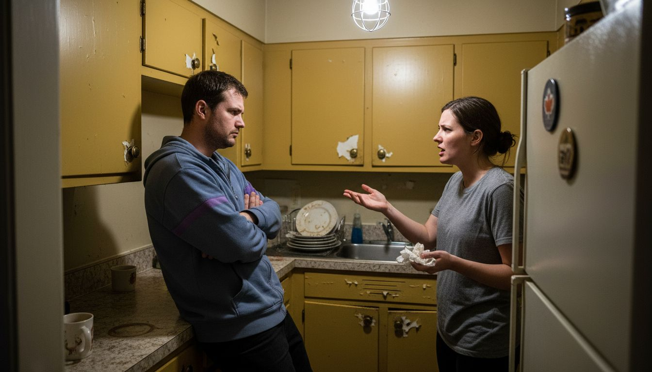 Couple arguing in cluttered kitchen