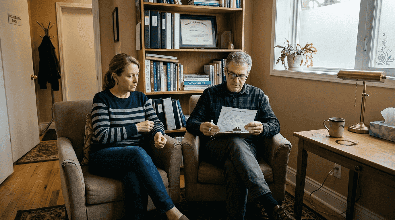 Couple awaiting therapy in counseling office