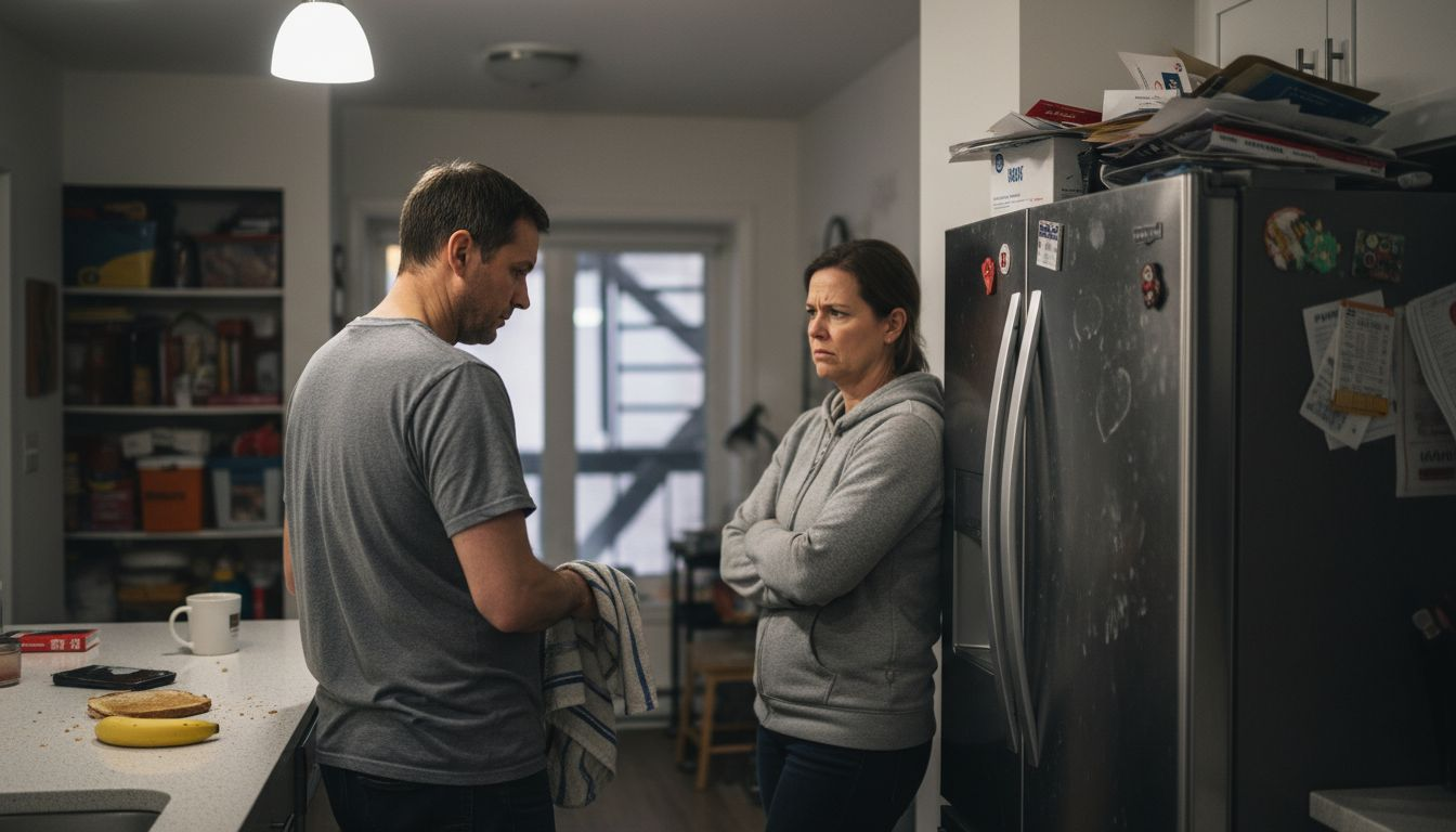 Couple communicating defensively in kitchen