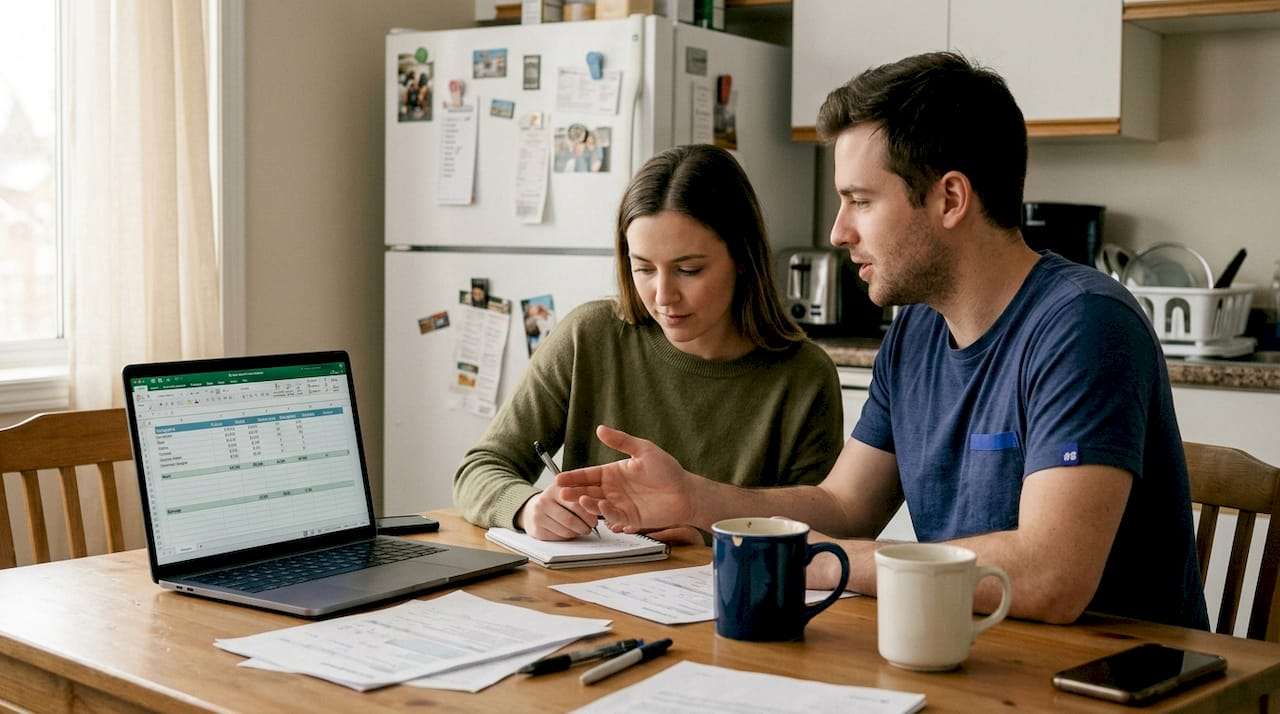 Couple discussing joint budget at kitchen table