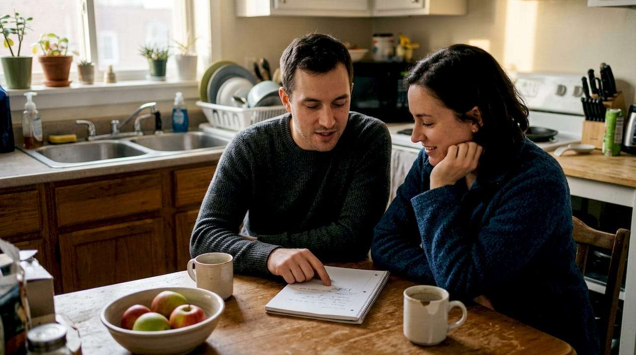 Couple discussing notes at kitchen table