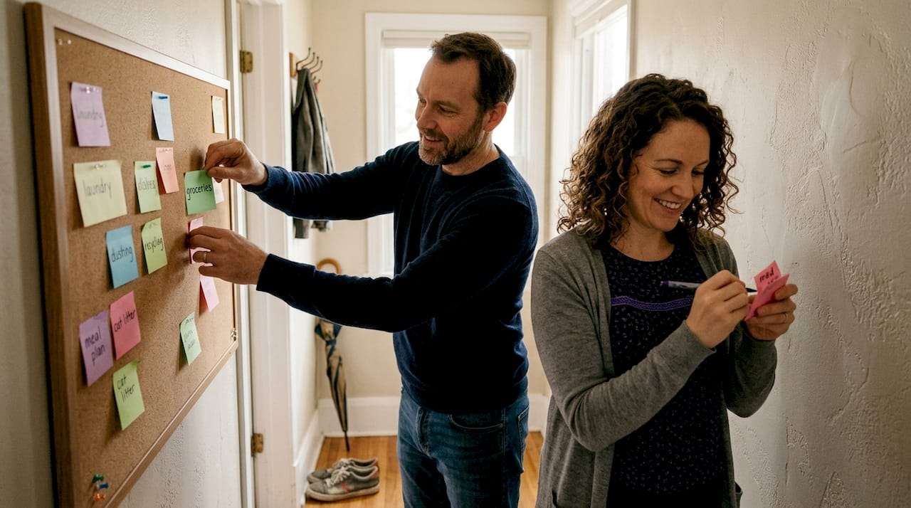 Couple dividing tasks with chore board