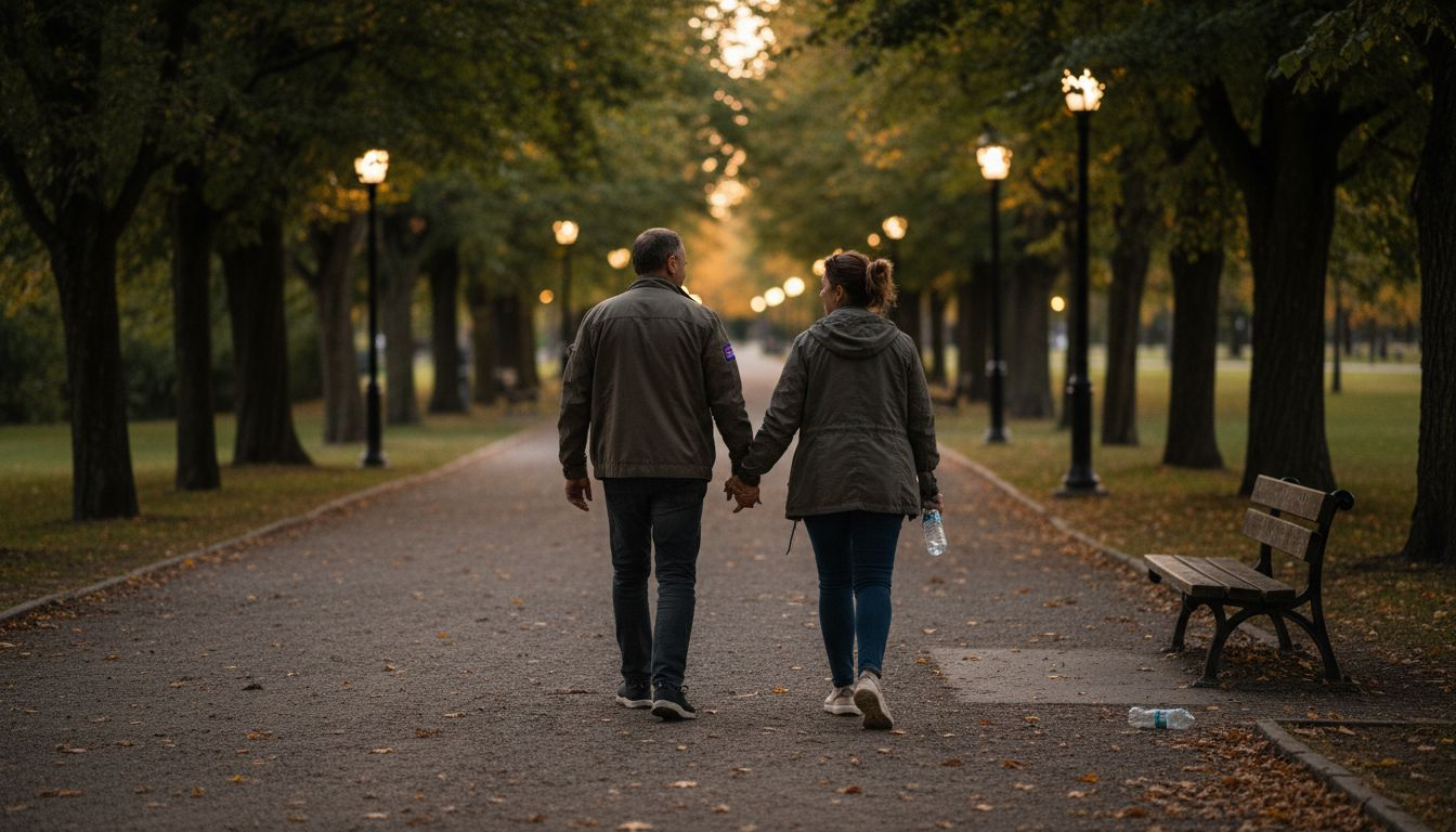 Couple holding hands walking in park