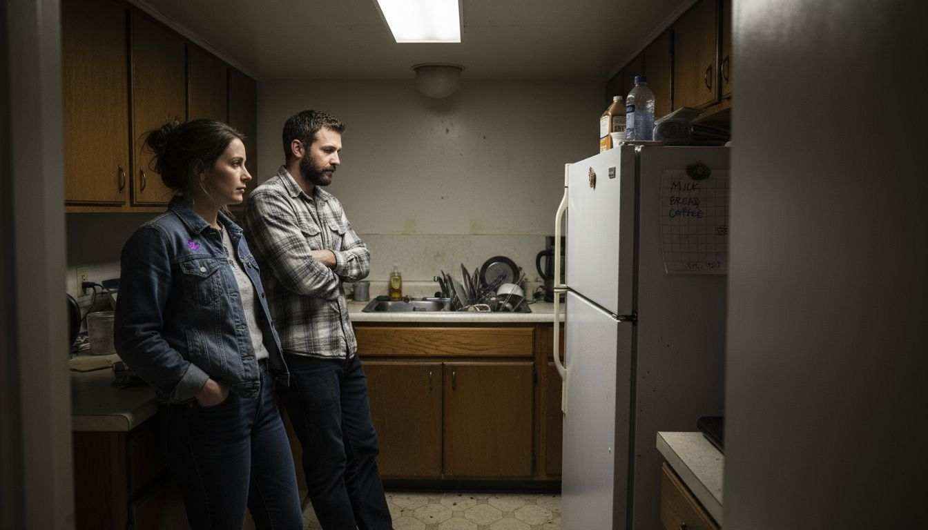 Couple in tense kitchen confrontation