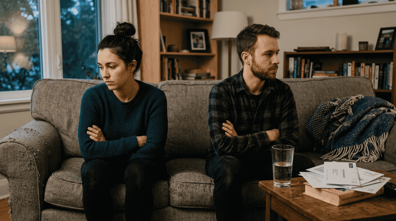 Couple showing defensiveness after argument
