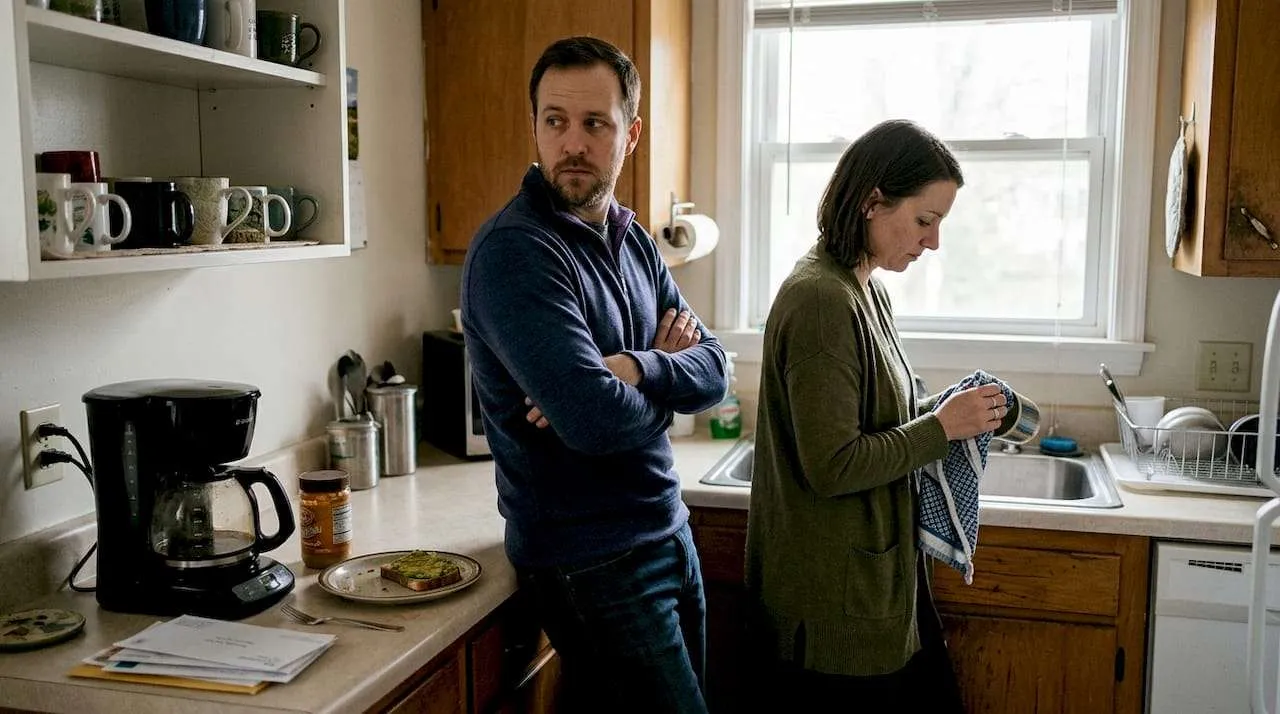 Couple showing distance in small kitchen