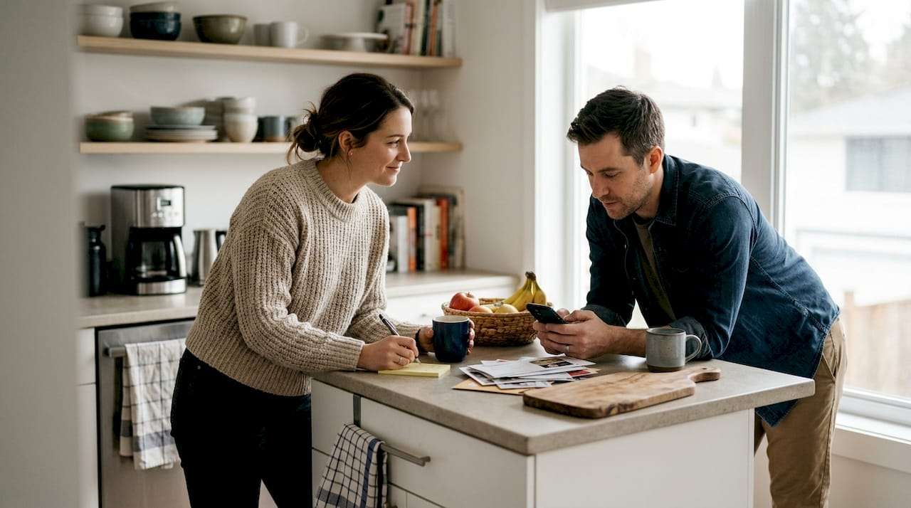Couple talking about plans in kitchen