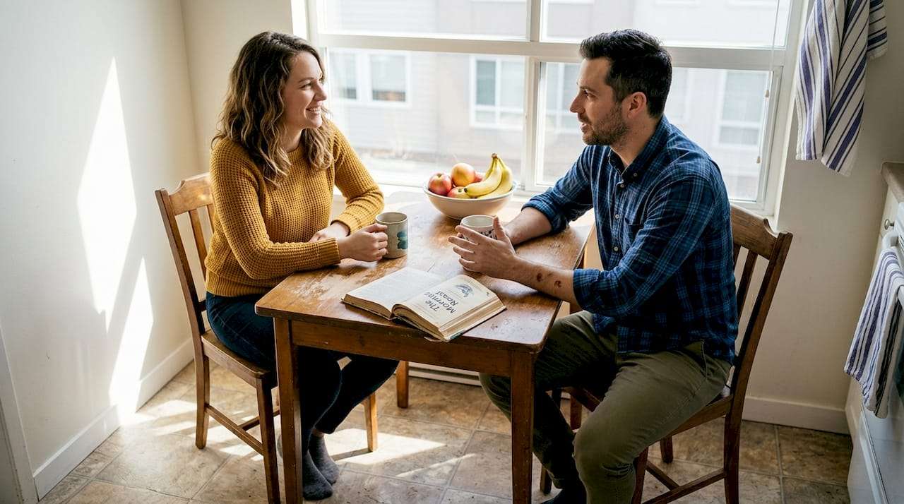 Couple talking comfortably at kitchen table