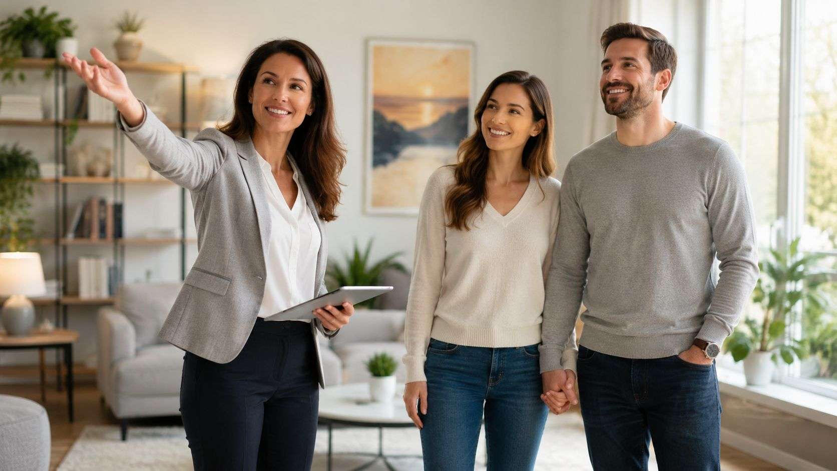 A professional real estate agent gives a house tour to a happy couple looking at their new home.