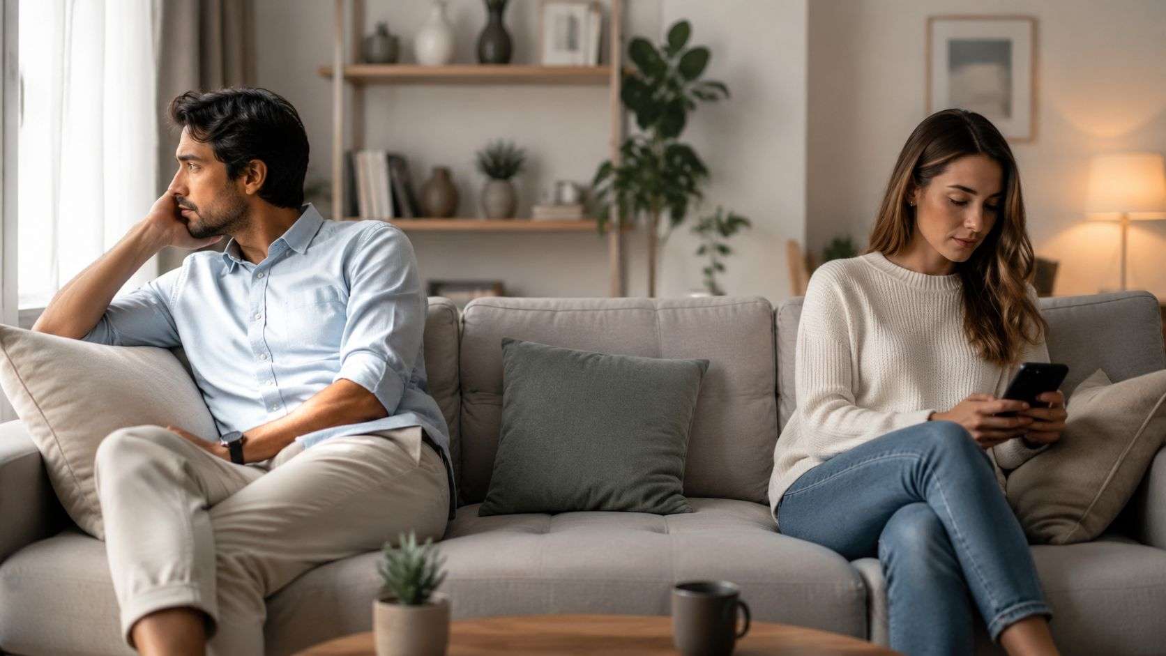 A couple sitting on a sofa looking unhappy and detached while experiencing relationship difficulties in a living room.