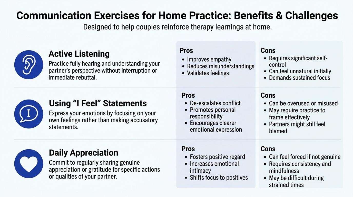 A chart detailing communication exercises for couples, including active listening, I-feel statements, and daily appreciation practices.
