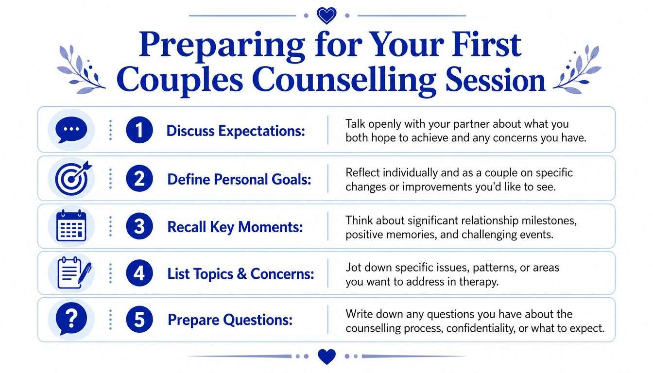 A helpful infographic showing five steps to prepare for your first couples counselling session effectively.