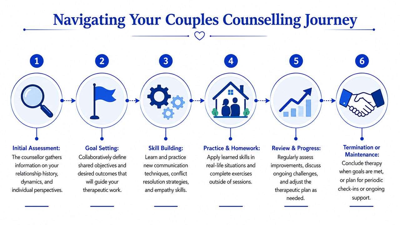 A six-step infographic illustrating the sequential process of navigating a professional couples counselling journey from assessment to completion.