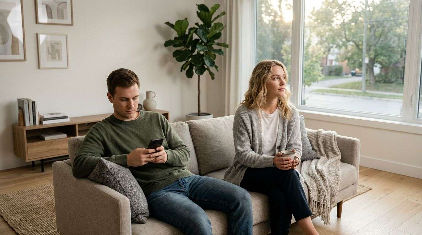 A young couple sits on a sofa, looking disconnected while the man uses his phone.