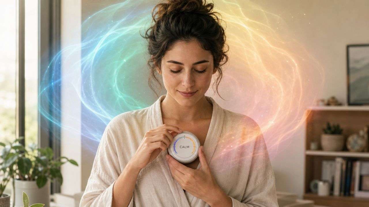 A woman holds a small, circular device labeled CALM, surrounded by glowing, ethereal blue and orange energy waves.