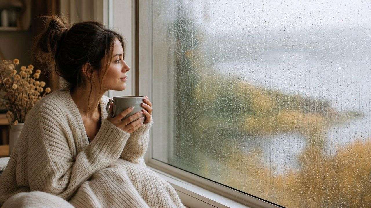 A young woman in a cozy knit sweater sits by a rainy window holding a warm mug.