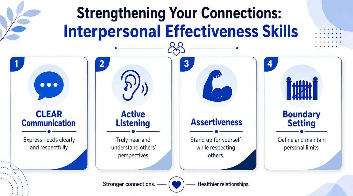 An infographic titled Strengthening Your Connections outlining four interpersonal effectiveness skills: Clear Communication, Active Listening, Assertiveness, and Boundary Setting.