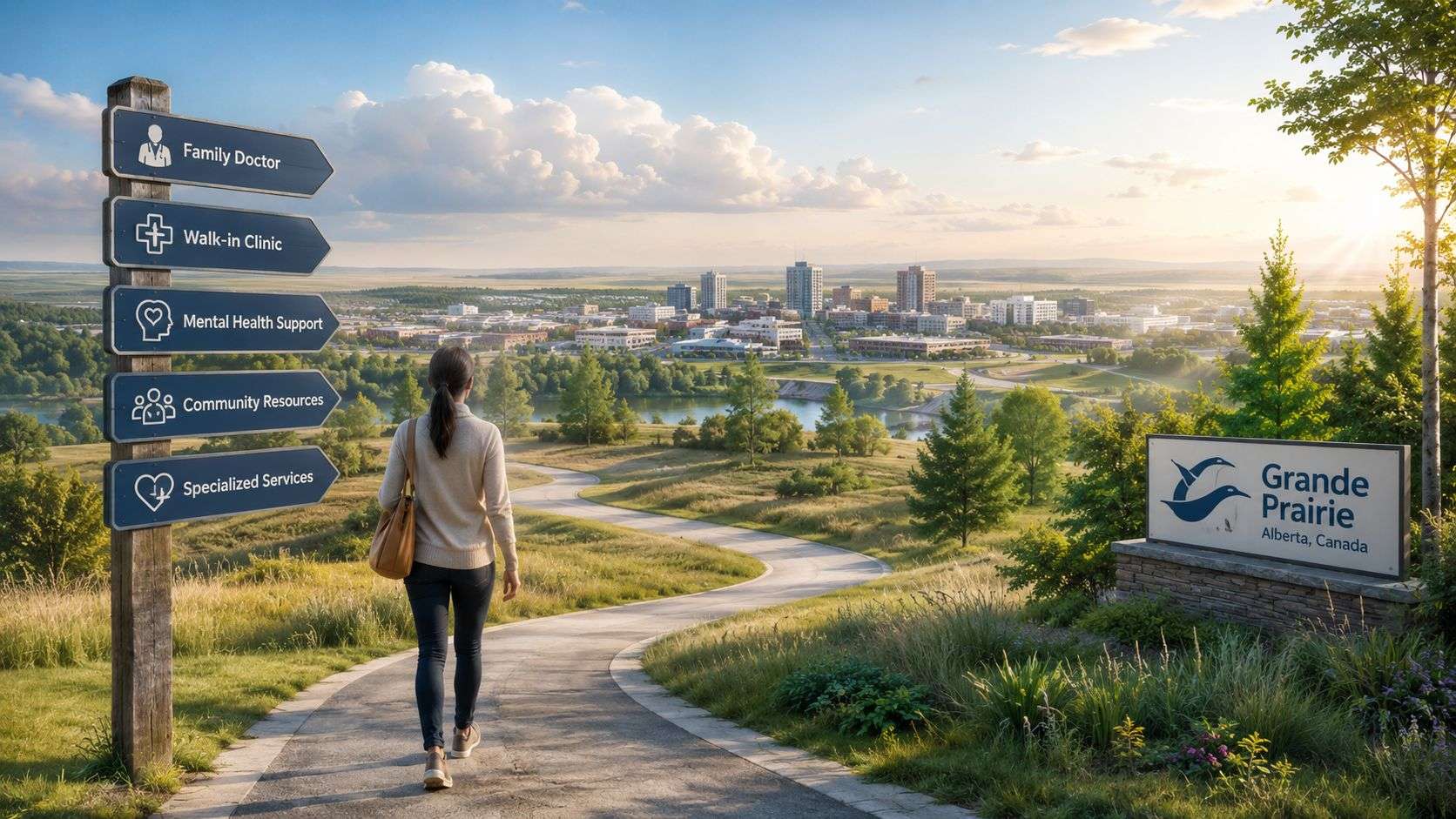 A woman walks toward Grande Prairie, Alberta, on a path marked by signs for community health resources.