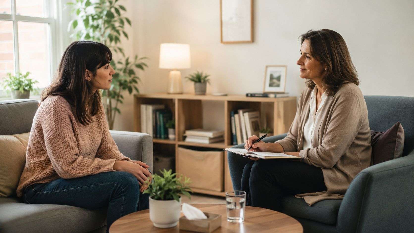 A woman sharing her feelings with a professional female therapist during a private counselling session indoors.