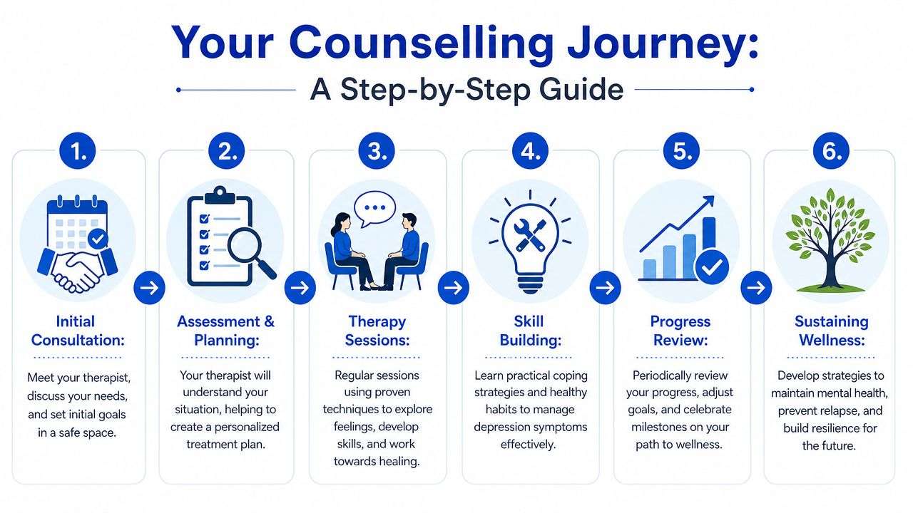 A step-by-step infographic illustrating the six-stage journey of professional depression counselling and mental health recovery.