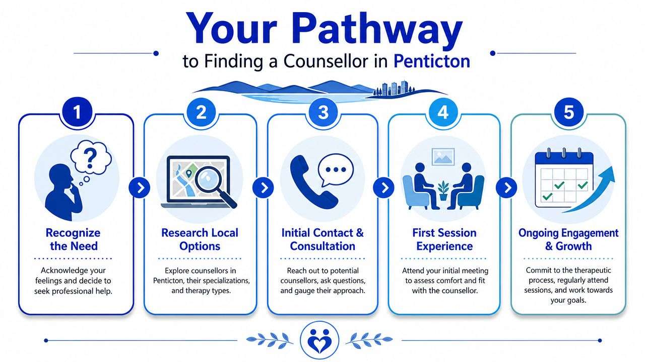 A five-step infographic guide on how to find professional counselling services in the city of Penticton.