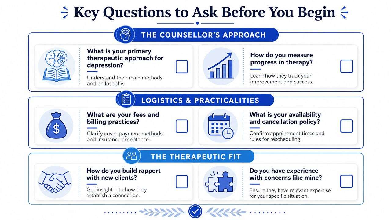 A checklist infographic titled Key Questions to Ask Before You Begin when selecting a depression counsellor.