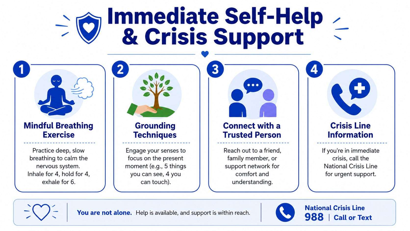 An infographic titled Immediate Self-Help & Crisis Support showing four steps and the 988 crisis number.