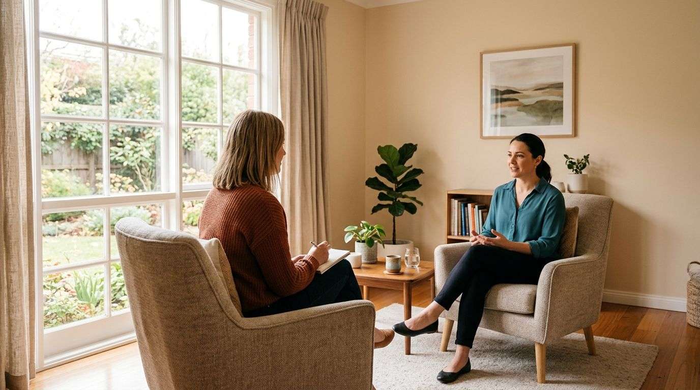 A woman therapist listening to a client during a professional mental health counseling session in a bright office.