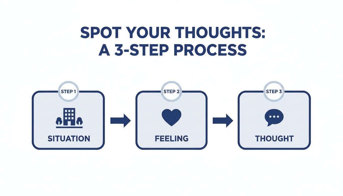 Diagram illustrating a 3-step process to spot thoughts: Situation, Feeling, and Thought.