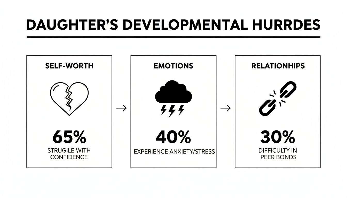 Diagram illustrating a daughter's developmental hurdles: self-worth (65% struggle), emotions (40% anxiety), and relationships (30% difficulty).