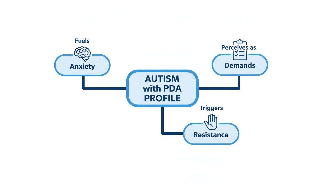 Diagram illustrating how Autism with PDA profile is fueled by anxiety, perceives demands, and triggers resistance.