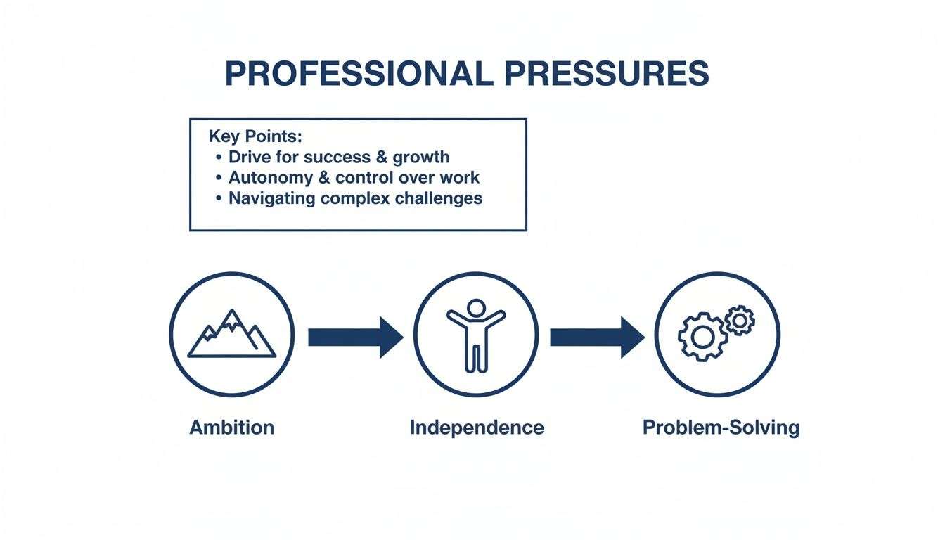 Diagram illustrating professional pressures with key points and a flow of ambition, independence, and problem-solving.