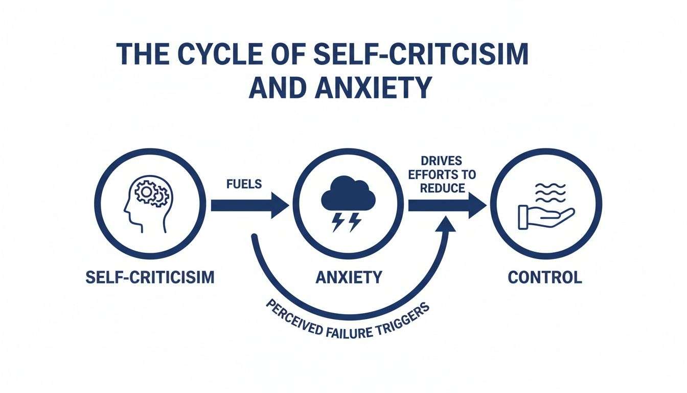 Diagram illustrating the cycle of self-criticism fueling anxiety and driving efforts for control.