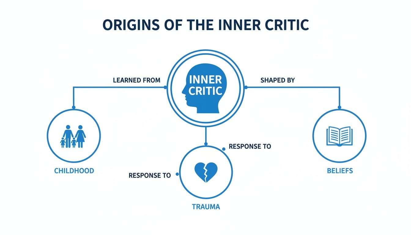 Diagram illustrating the origins of the inner critic, showing it's learned from childhood, a response to trauma, and shaped by beliefs.