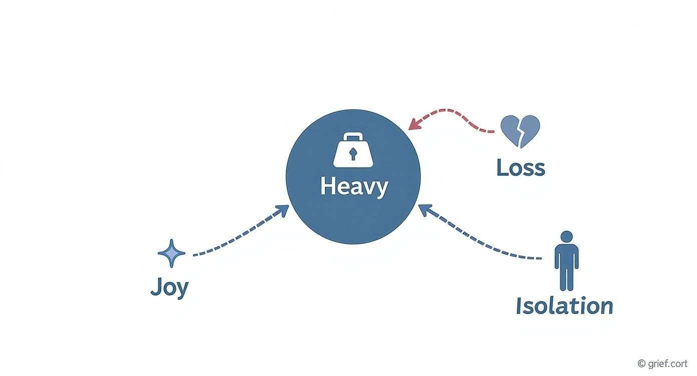 Diagram showing how Joy, Loss, and Isolation all contribute to a central feeling of 'Heavy'.