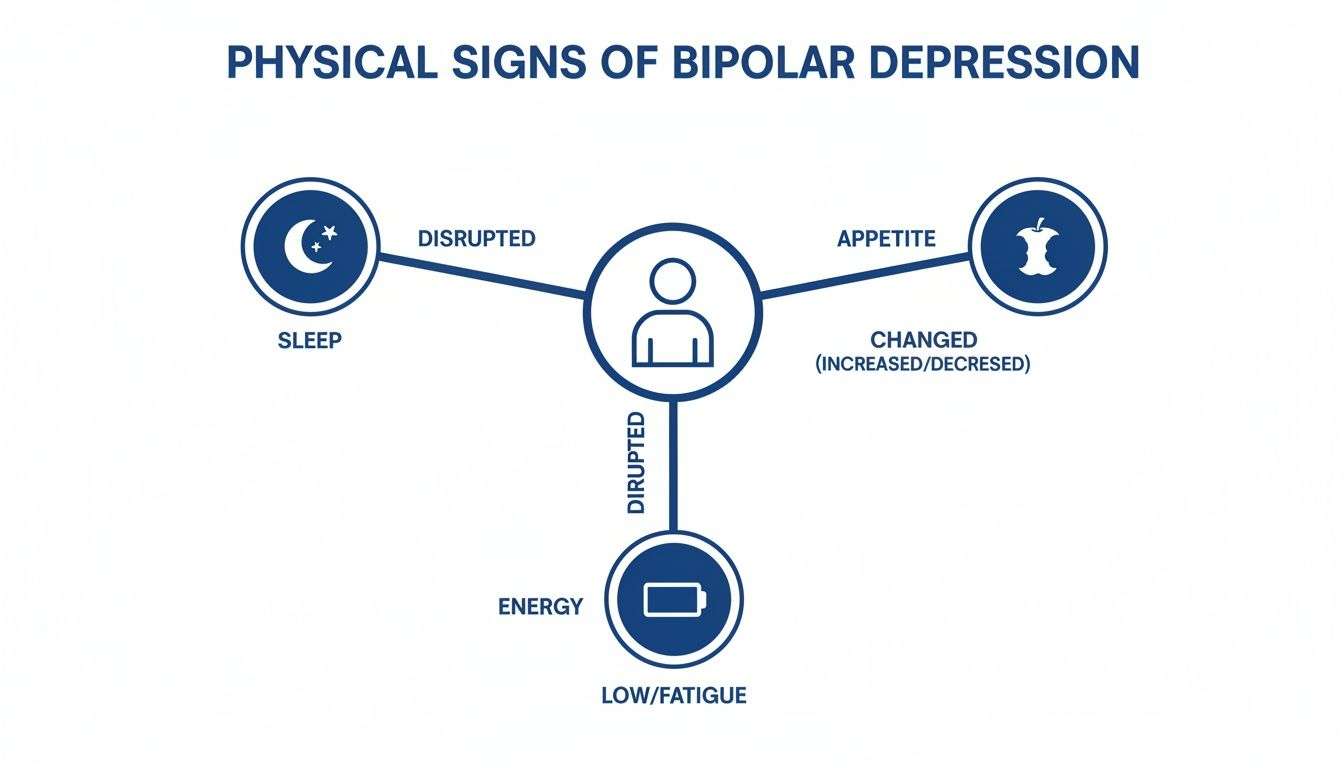 Diagram showing physical signs of bipolar depression: disrupted sleep, changed appetite, and low energy/fatigue.