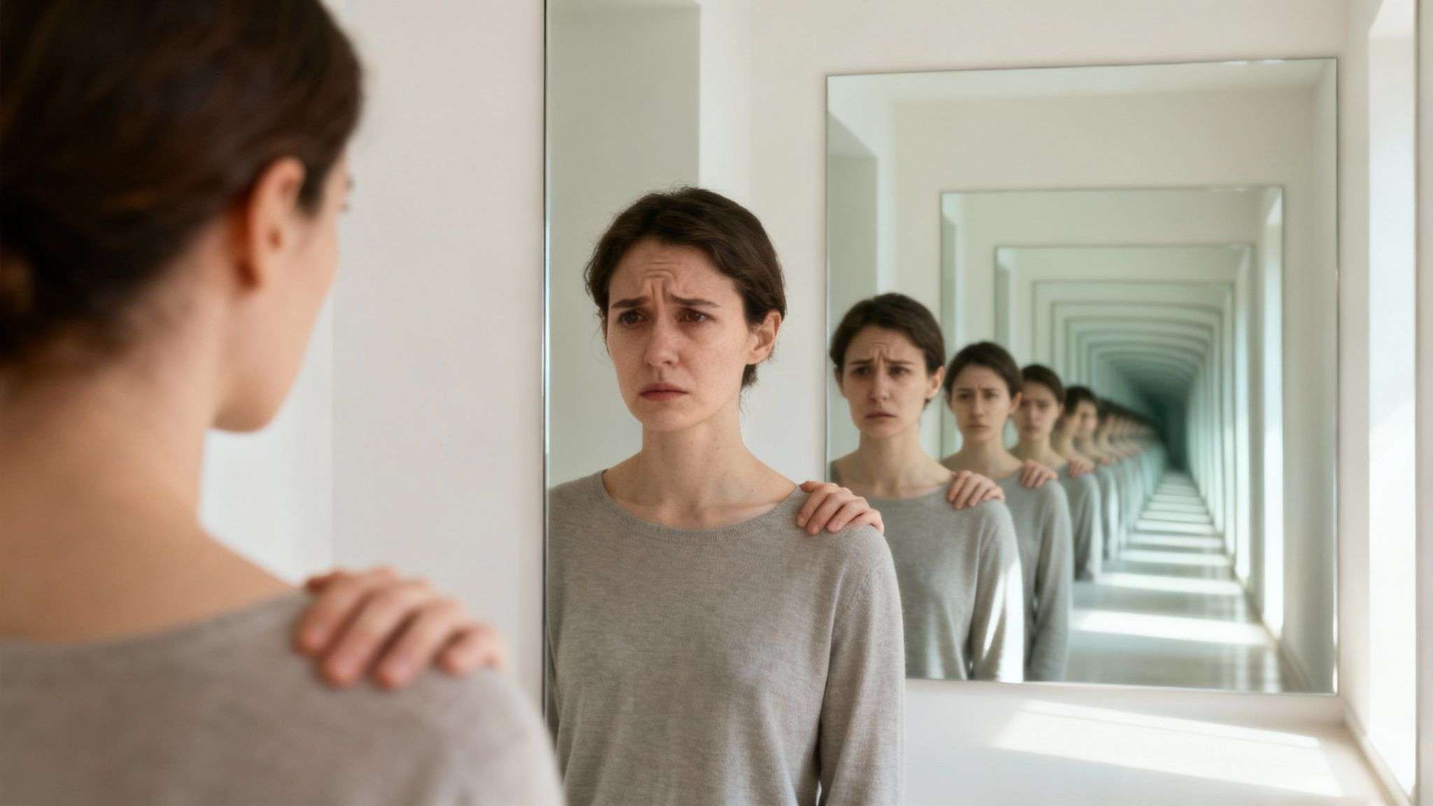 Distressed woman views her infinite reflections in a mirror, her hand resting on her shoulder.