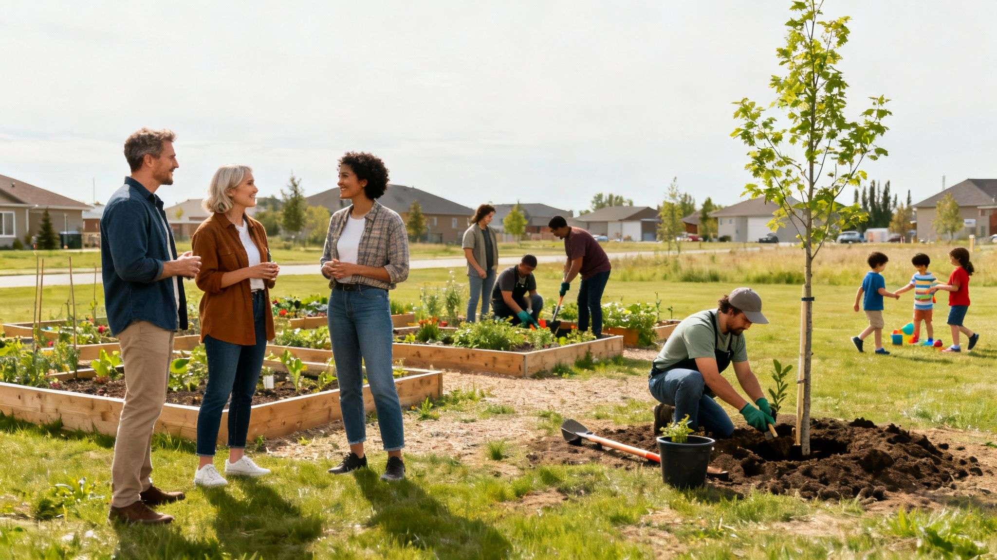 Diverse community members gardening, planting a tree, and children playing in a sunny park.
