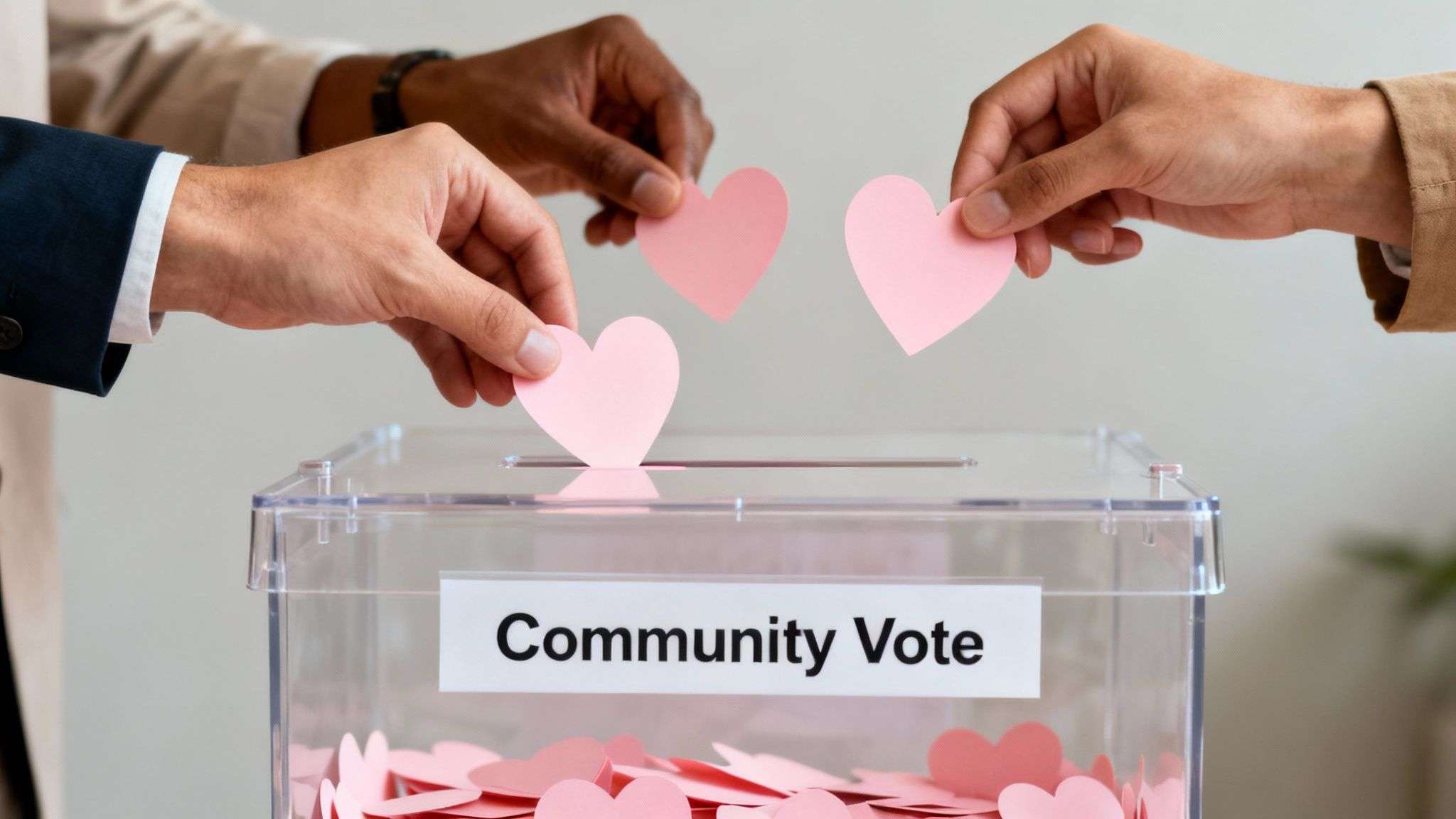 Diverse hands placing pink heart-shaped votes into a clear 'Community Vote' box.
