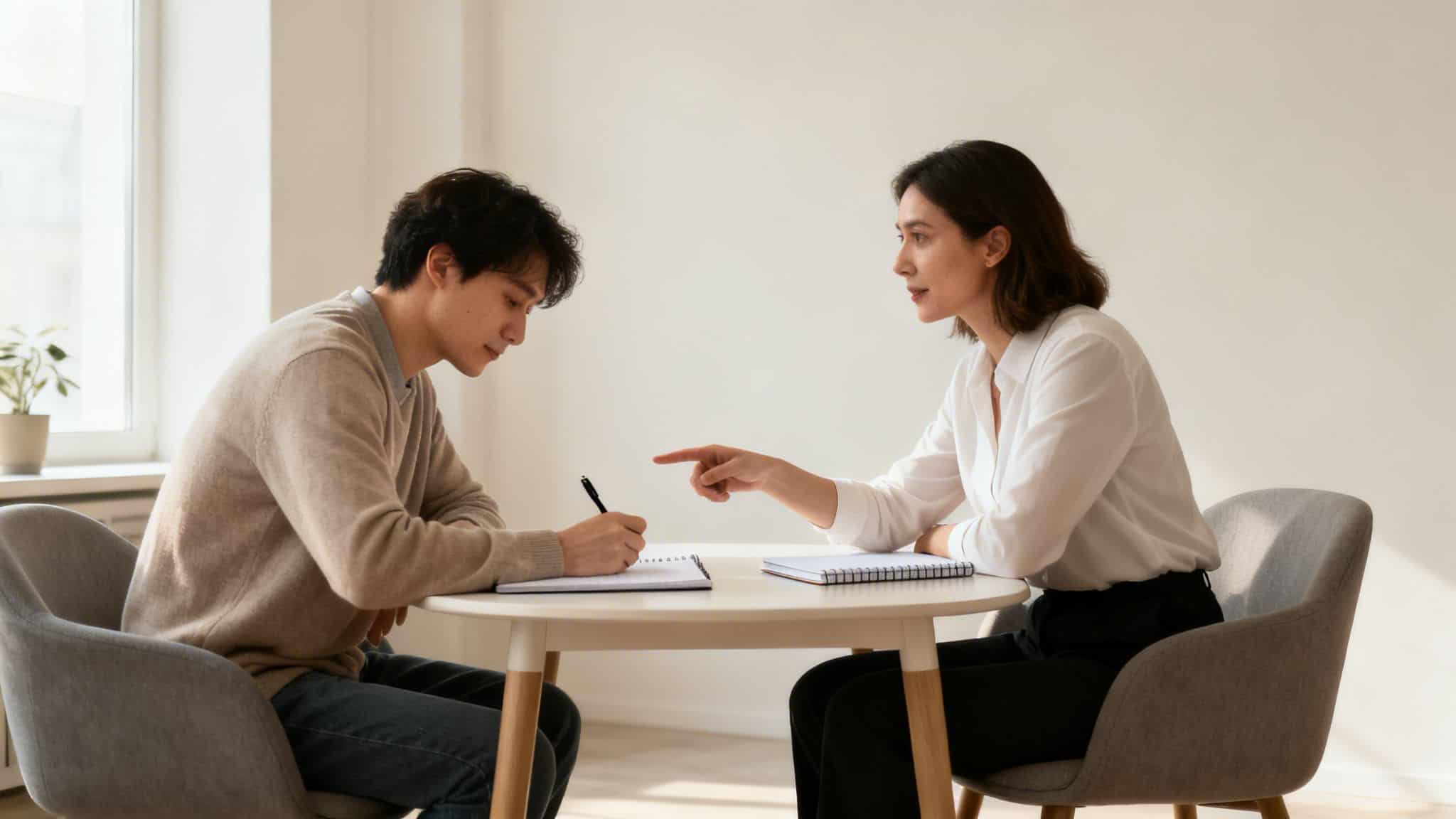 A woman advises a man who is writing in a notebook at a white table in a bright room.